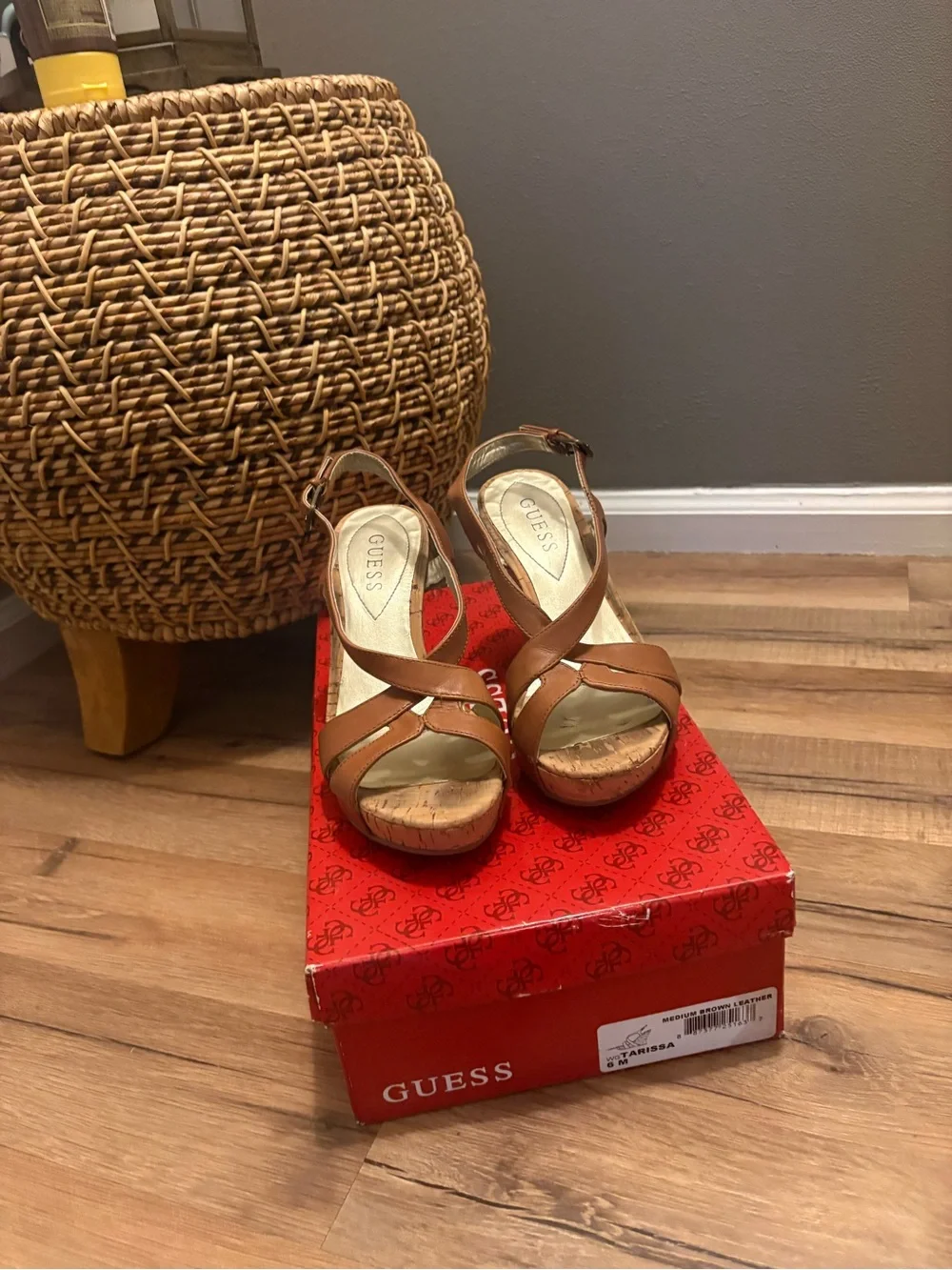 GUESS Brown Leather Cork Wedge Sandals - Slingback Strappy Style